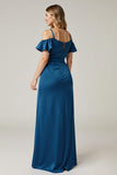 Cold Shoulder Dark Blue Satin A Line Evening Dress