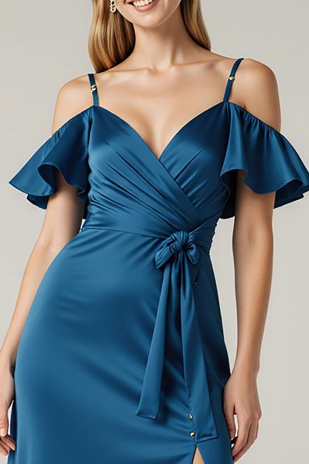 Cold Shoulder Dark Blue Satin A Line Evening Dress