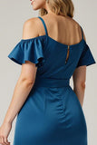 Cold Shoulder Dark Blue Satin A Line Evening Dress