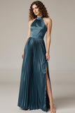Halter Pleated Dark Blue A Line Evening Dress