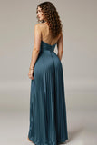 Halter Pleated Dark Blue A Line Evening Dress