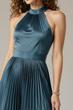 Halter Pleated Dark Blue A Line Evening Dress