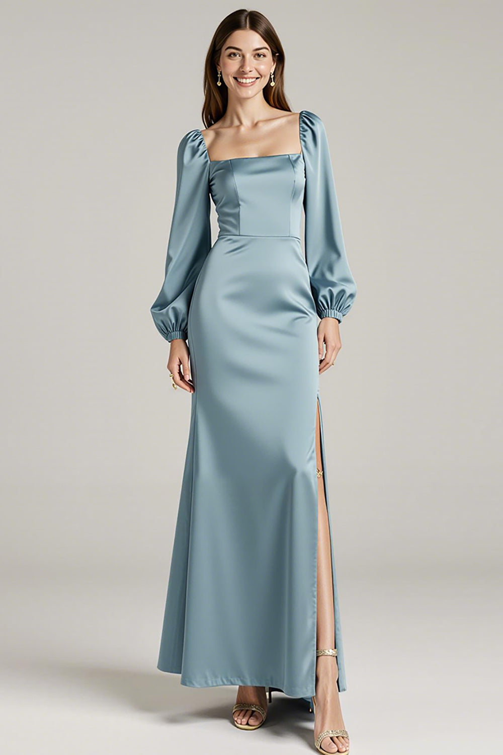 Light Blue Long Sleeve Sheath Evening Dress