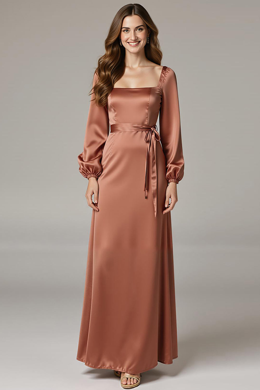 Maroon Long Sleeve Sheath Satin Evening Dress