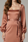 Maroon Long Sleeve Sheath Satin Evening Dress