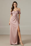 Cold Shoulder Light Pink Ruched Sheath Evening Dress