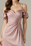 Cold Shoulder Light Pink Ruched Sheath Evening Dress