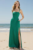 Green Sheath Long Evening Dress With Pocket