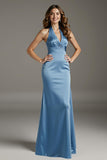 Halter Sky Blue Sheath Ruched Evening Dress