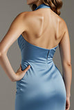 Halter Sky Blue Sheath Ruched Evening Dress