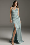 Halter Mint Green Sheath Evening Dress with Slit