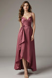 Burgundy A Line Satin Ruched Evening Dress