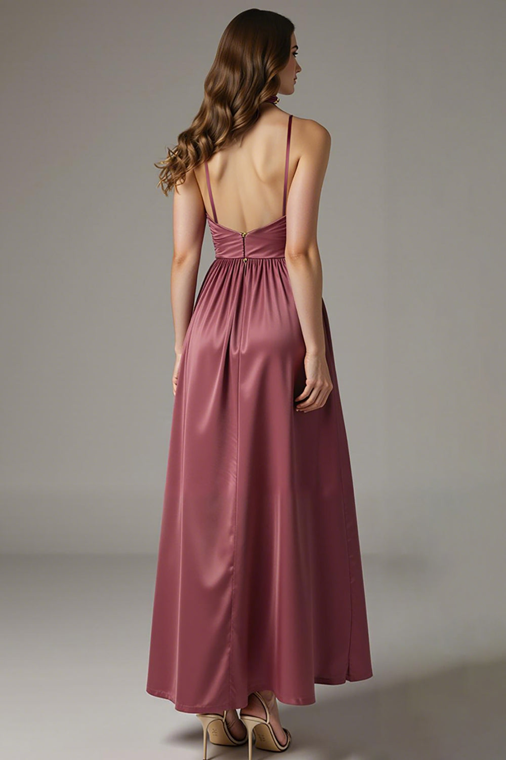 Burgundy A Line Satin Ruched Evening Dress