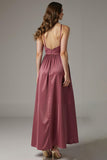 Burgundy A Line Satin Ruched Evening Dress