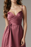 Burgundy A Line Satin Ruched Evening Dress