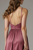 Burgundy A Line Satin Ruched Evening Dress