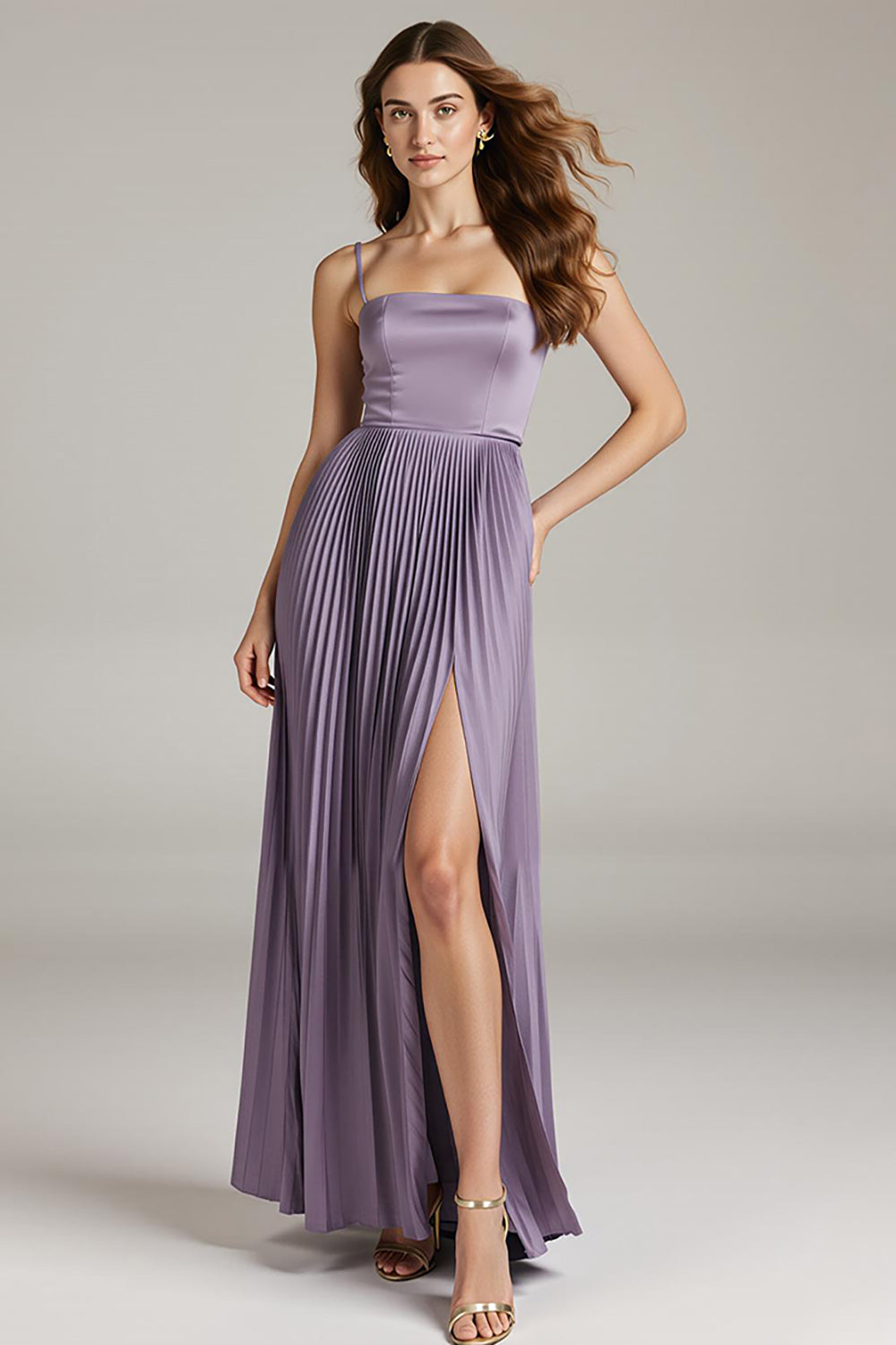 Light Purple Pleated Satin A Line Long Evening Dress