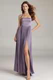 Light Purple Pleated Satin A Line Long Evening Dress
