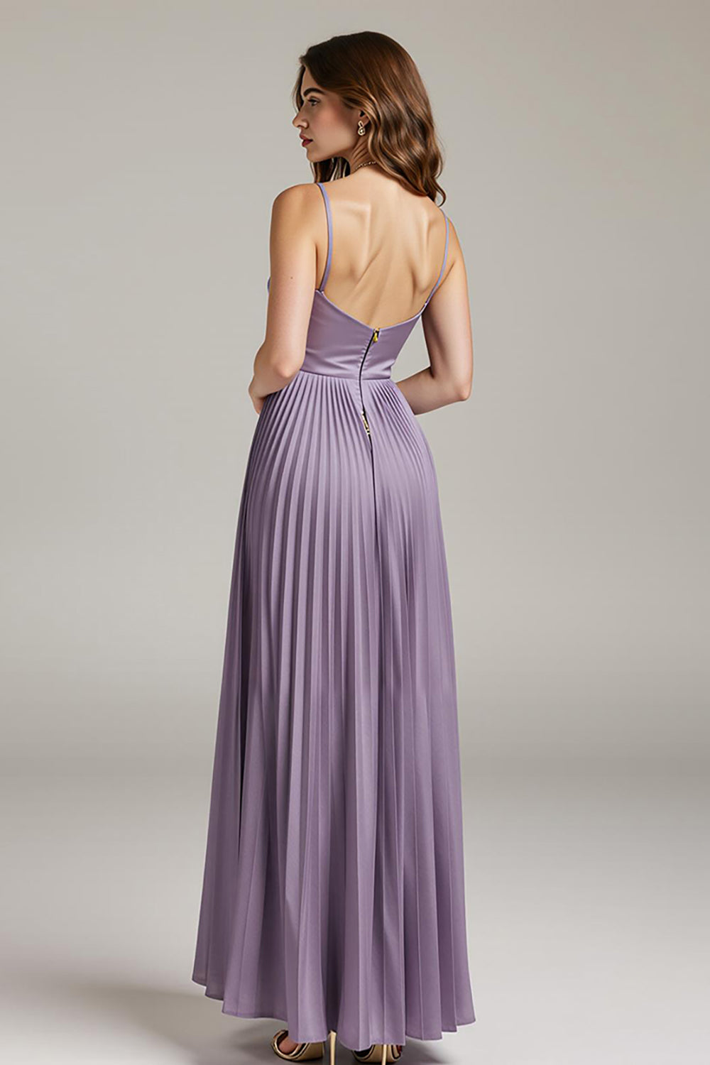 Light Purple Pleated Satin A Line Long Evening Dress
