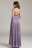 Light Purple Pleated Satin A Line Long Evening Dress