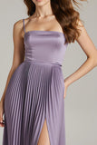 Light Purple Pleated Satin A Line Long Evening Dress