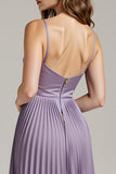 Light Purple Pleated Satin A Line Long Evening Dress