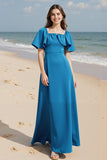 Square Neck Royal Blue A Line Ruffled Evening Dress