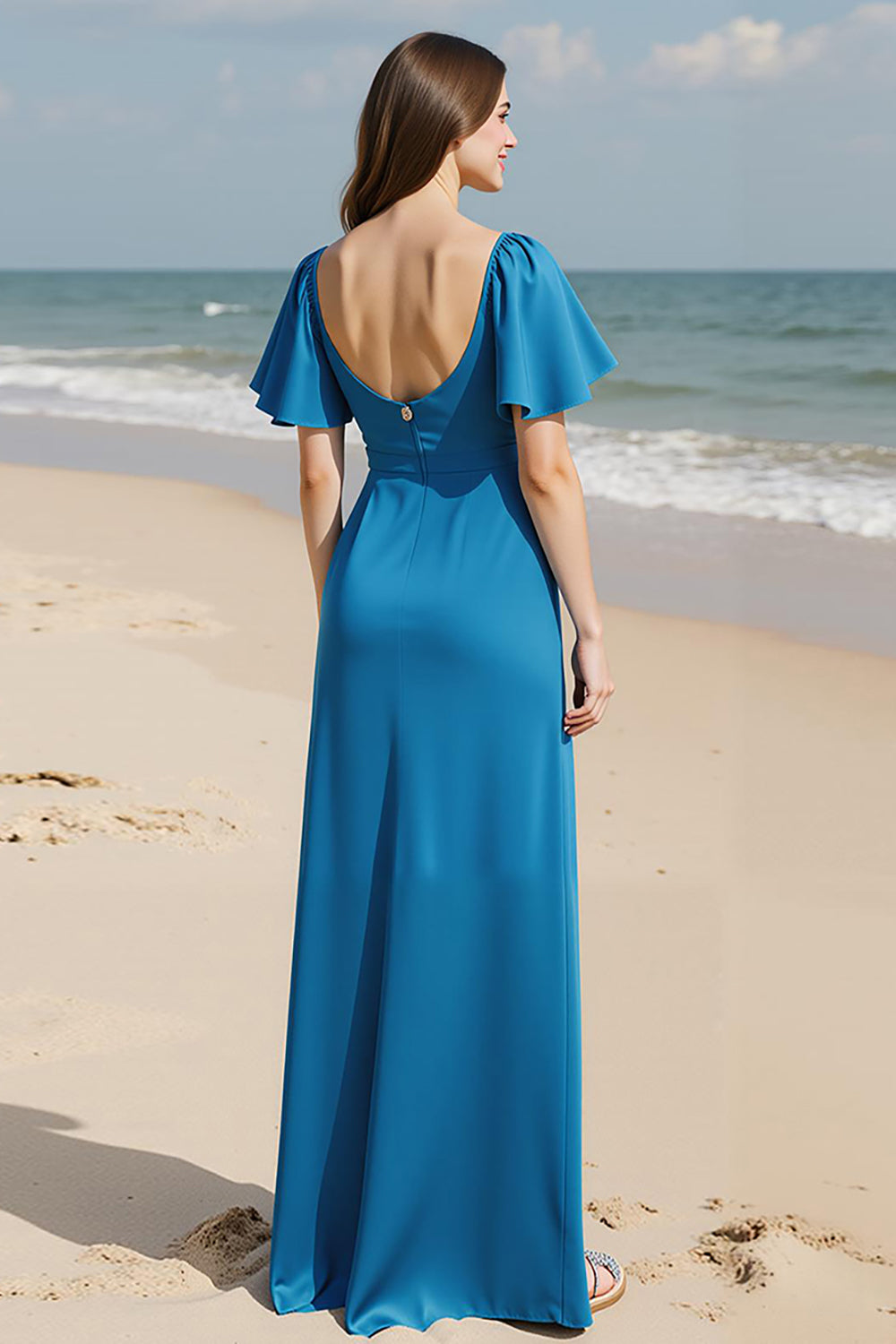 Square Neck Royal Blue A Line Ruffled Evening Dress