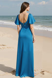 Square Neck Royal Blue A Line Ruffled Evening Dress