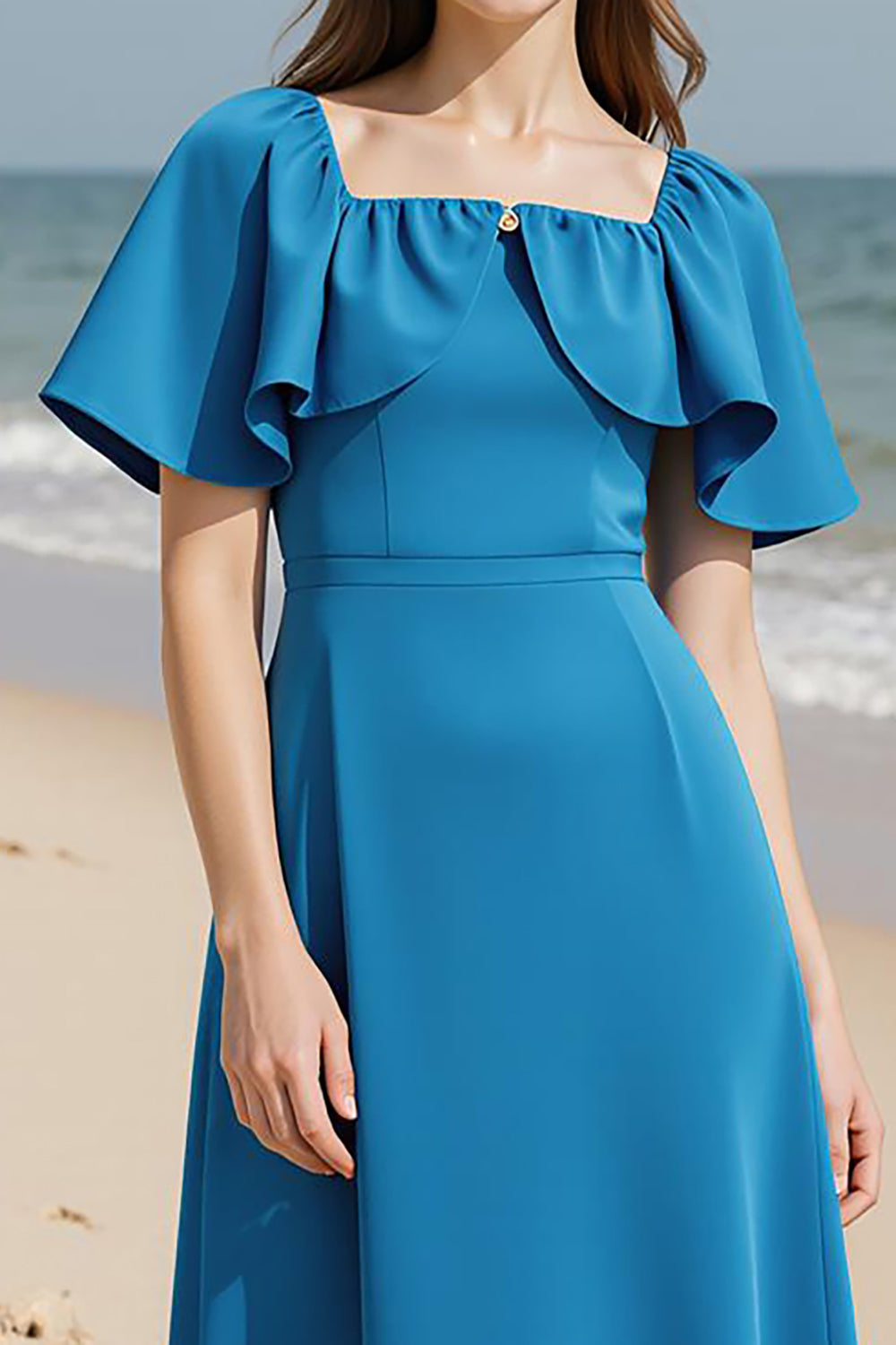 Square Neck Royal Blue A Line Ruffled Evening Dress