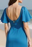 Square Neck Royal Blue A Line Ruffled Evening Dress