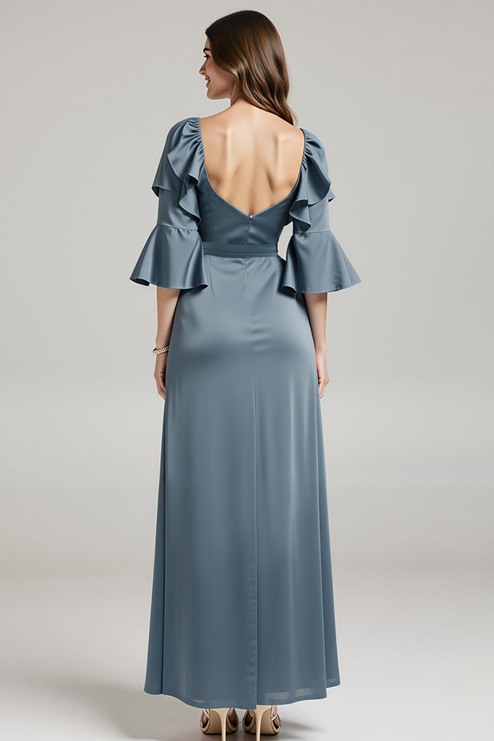 Dark Grey Satin Half Sleeve Ruched Evening Dress