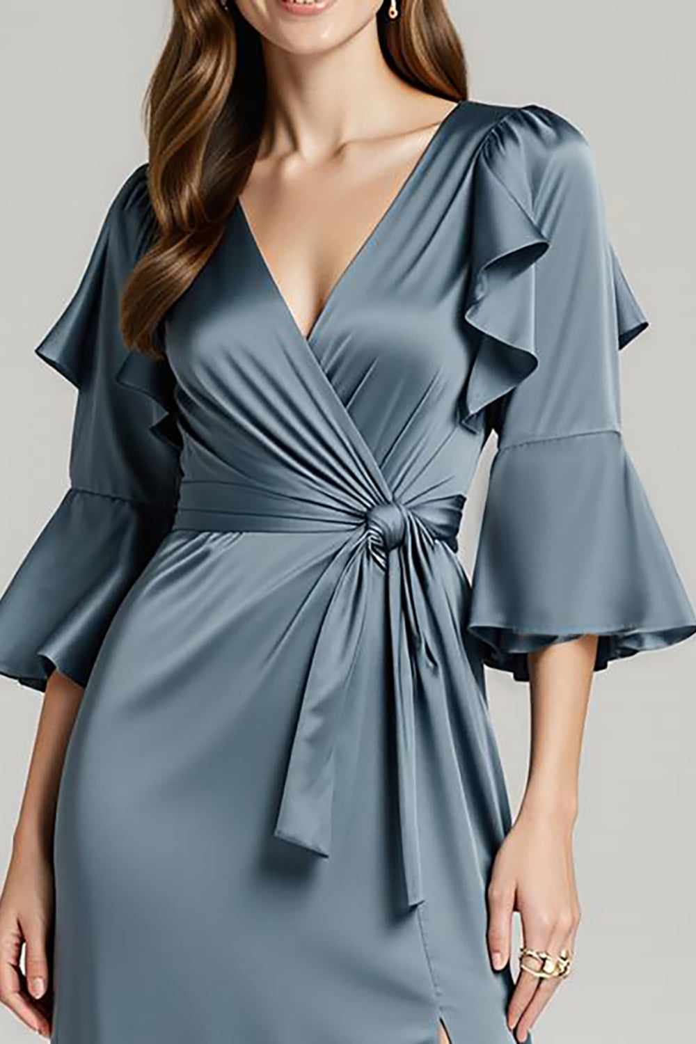 Dark Grey Satin Half Sleeve Ruched Evening Dress