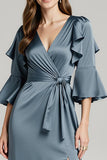 Dark Grey Satin Half Sleeve Ruched Evening Dress