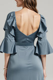 Dark Grey Satin Half Sleeve Ruched Evening Dress