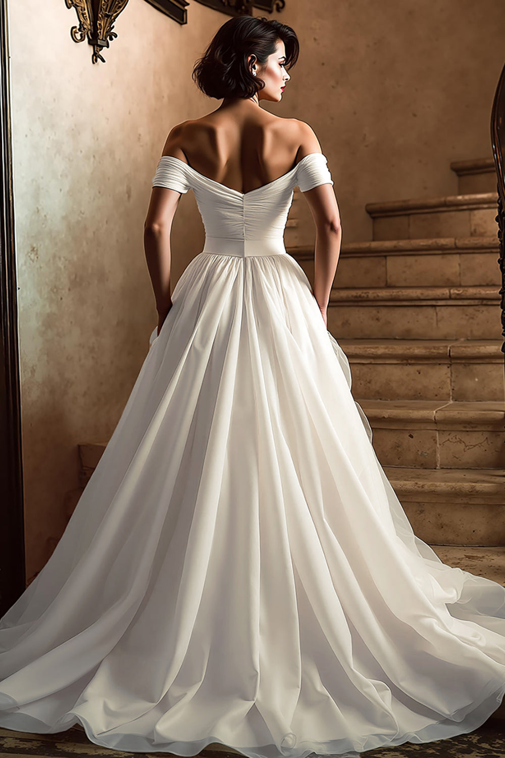 Off the Shoulder A Line White Wedding Dress with Sweep Train