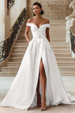 White Off the Shoulder A Line Wedding Dress with Sash