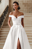 White Off the Shoulder A Line Wedding Dress with Sash