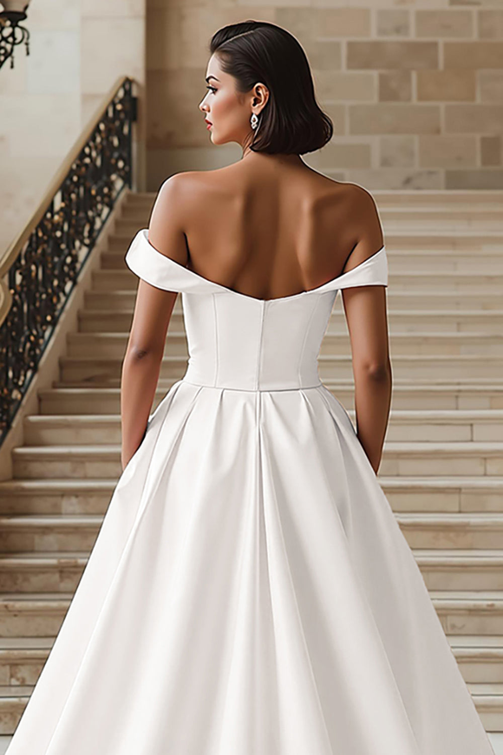 White Off the Shoulder A Line Wedding Dress with Sash