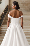 White Off the Shoulder A Line Wedding Dress with Sash