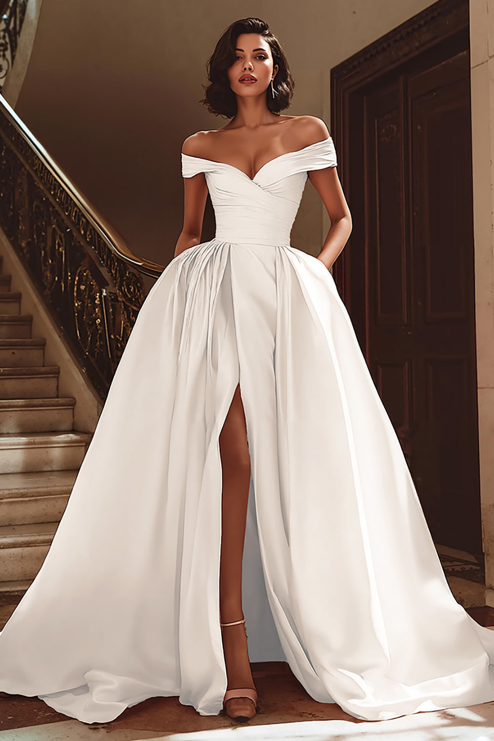 Off the Shoulder White A Line Wedding Dress
