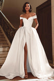Off the Shoulder White A Line Wedding Dress