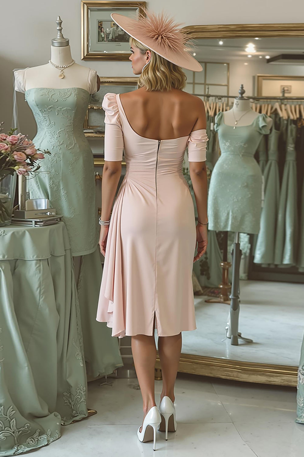 Off The Shoulder Ruched Blush Pink Mother of Bride Dress