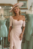 Off The Shoulder Ruched Blush Pink Mother of Bride Dress