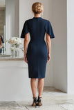 Navy Flutter Sleeve Bodycon Beaded Midi Mother of Bride Dress