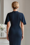 Navy Flutter Sleeve Bodycon Beaded Midi Mother of Bride Dress