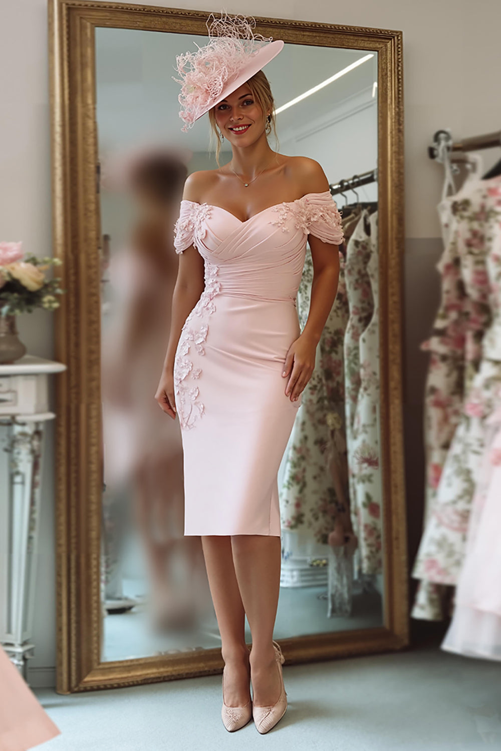 Off the Shoulder Appliqued Blush Pink Mother of Bride Dress