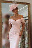 Off the Shoulder Appliqued Blush Pink Mother of Bride Dress