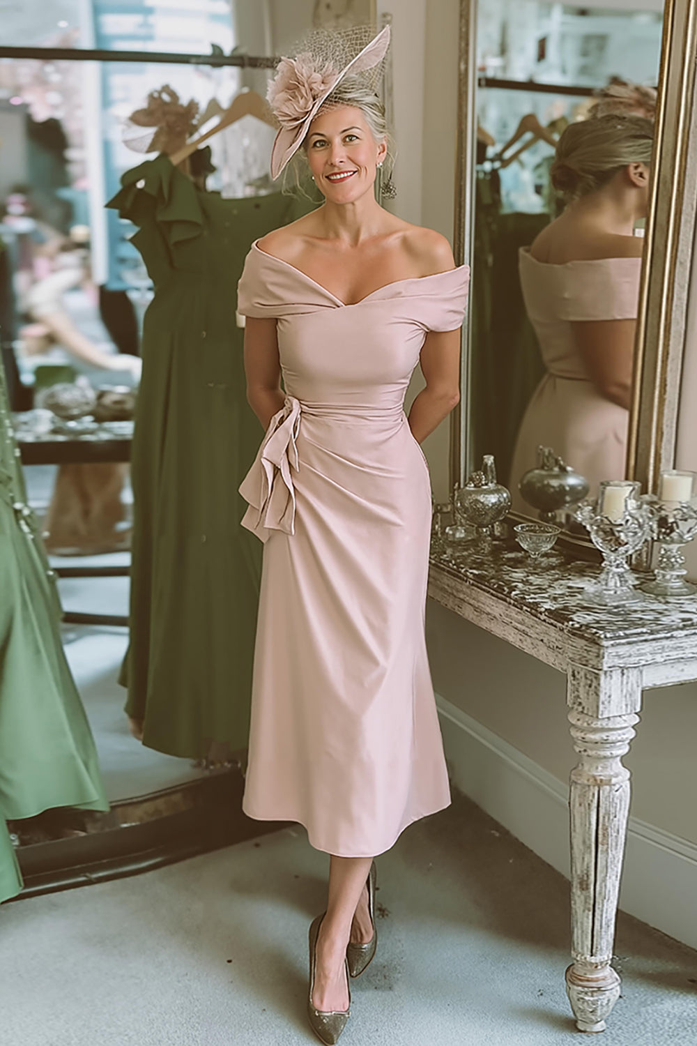 Blush Pink Off the Shoulder Mother of Bride Dress with Sash