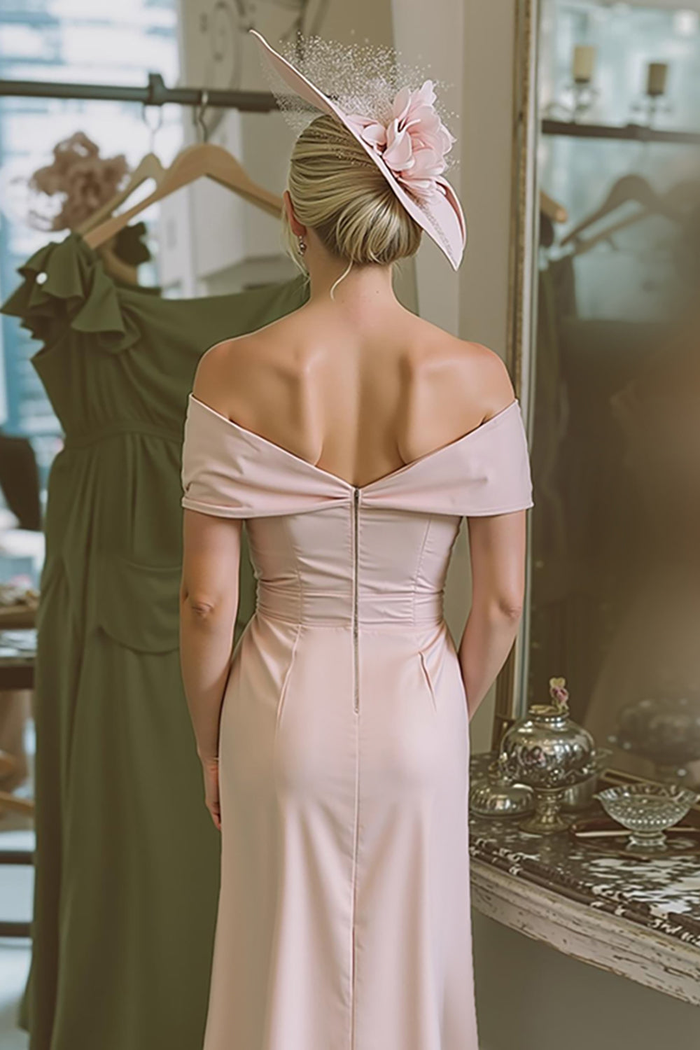Blush Pink Off the Shoulder Mother of Bride Dress with Sash